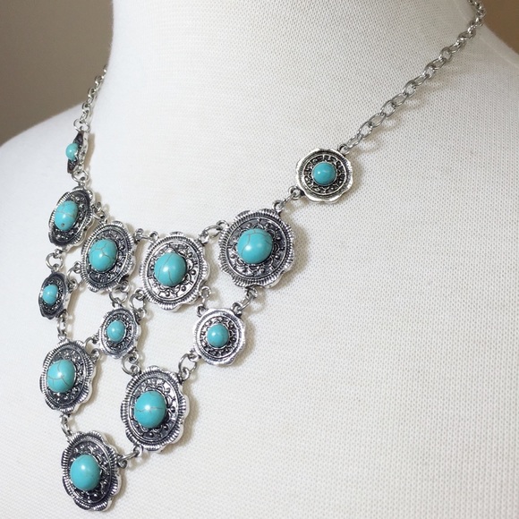 Turquoise Dot Coin Bib Necklace Earrings Set - Picture 3 of 3